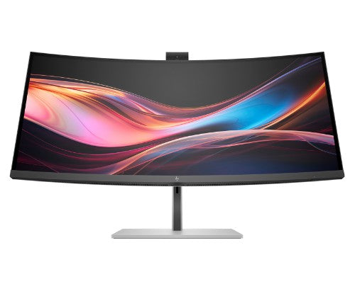 34-inch curved ultrawide monitor with slim black bezels and built-in webcam on silver stand.