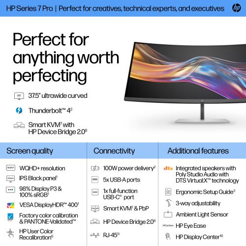 37.5-inch curved WQHD+ HP Series 7 Pro monitor with slim bezel and sleek stand.