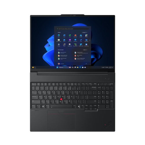 Lenovo ThinkPad E16 Gen 3 laptop open showing black keyboard with red TrackPoint and 16-inch display with Windows 11 Pro.