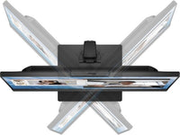 HP M24m conferencing monitor shown rotating horizontally and vertically on black adjustable stand with webcam on top.