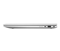 Slim silver HP Elite x360 830 G11 laptop closed, showing right-side ports and sleek profile.