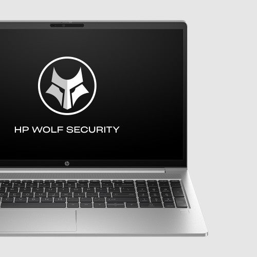 Silver HP ProBook 455 G10 laptop with 15.6-inch display showing HP Wolf Security logo and full keyboard.