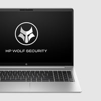 Silver HP ProBook 455 G10 laptop with 15.6-inch display showing HP Wolf Security logo and full keyboard.