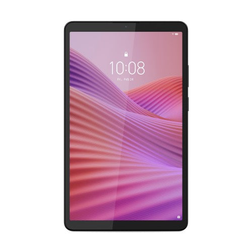 Lenovo Tab K9 grey tablet with 8.7-inch display showing purple abstract wave wallpaper.