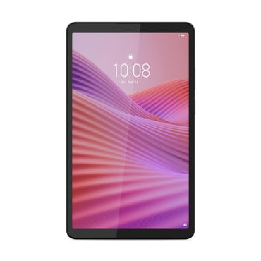 Lenovo Tab K9 grey tablet with 8.7-inch display showing purple abstract wave wallpaper.