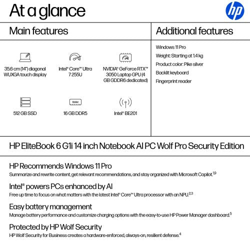 HP EliteBook 6 G1i AI Wolf Pro Security Edition Intel Core Ultra 7 255U Laptop 35.6 cm (14") Touchscreen WUXGA 16 GB DDR5-SDRAM 512 GB SSD Wi-Fi 7 (802.11be) Windows 11 Pro AI PC Silver