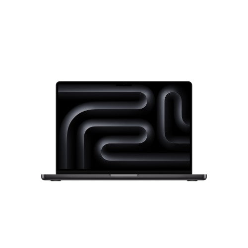 Black Apple MacBook Pro 14-inch laptop with dark abstract wallpaper on screen.