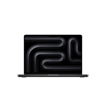 Black Apple MacBook Pro 14-inch laptop with dark abstract wallpaper on screen.