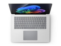 Silver Microsoft Surface Laptop 7 open showing keyboard and vibrant screen display.