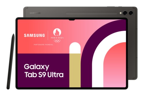 Samsung Galaxy Tab S9 Ultra graphite tablet with stylus, front and back view, large display with colorful abstract screen.