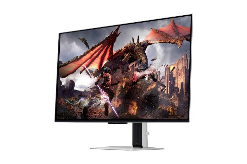 Samsung 32-inch curved OLED gaming monitor displaying a fantasy dragon battle scene, slim bezel design.
