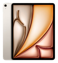 Apple iPad 13-inch Air in starlight color with slim bezels and colorful abstract wallpaper on display.