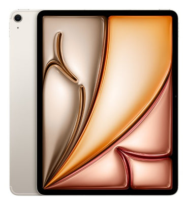 Apple iPad 13-inch Air in starlight color with slim bezels and colorful abstract wallpaper on display.