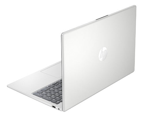 Silver HP laptop partially open showing black keyboard and silver chassis with HP logo on lid.