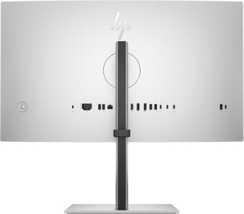 Silver HP 27-inch 4K monitor rear view with multiple ports on slim stand and minimalist design.