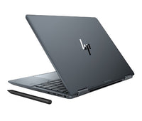 Blue HP Elite Dragonfly laptop partially open with silver HP logo and stylus pen beside keyboard.