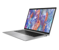 HP ZBook Firefly G11 slim grey laptop with colorful abstract screen and black keyboard angled view.